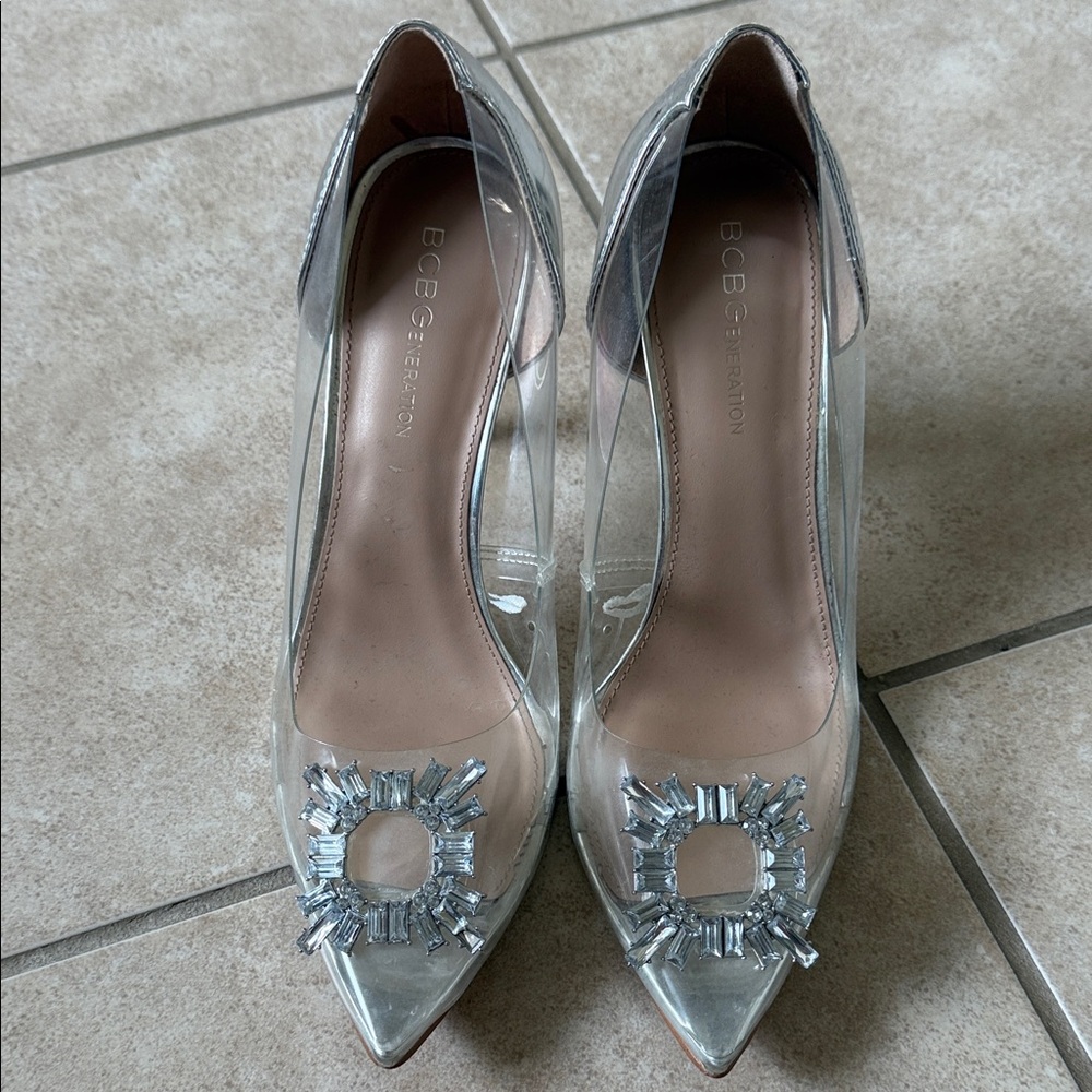 BCBGeneration Silver and Clear Embellished Heels